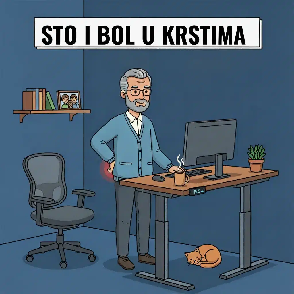 Stariji korisnik za podesivim radnim stolom u stojećem režimu zbog bola u krstima