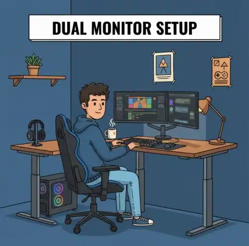 Dual monitor setup — primarni monitor ispred korisnika, sekundarni pod uglom