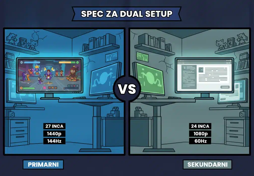 Spec za dual setup — primarni 27 inča 1440p 144Hz i sekundarni 24 inča 1080p 60Hz
