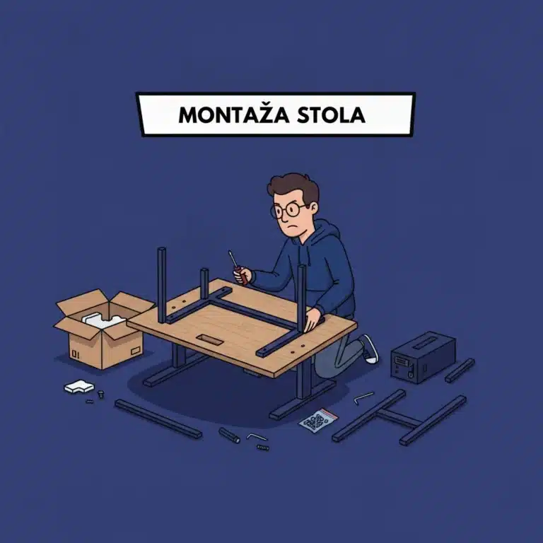 Montaža podesivog radnog stola — sklapanje okvira i nogu na podu