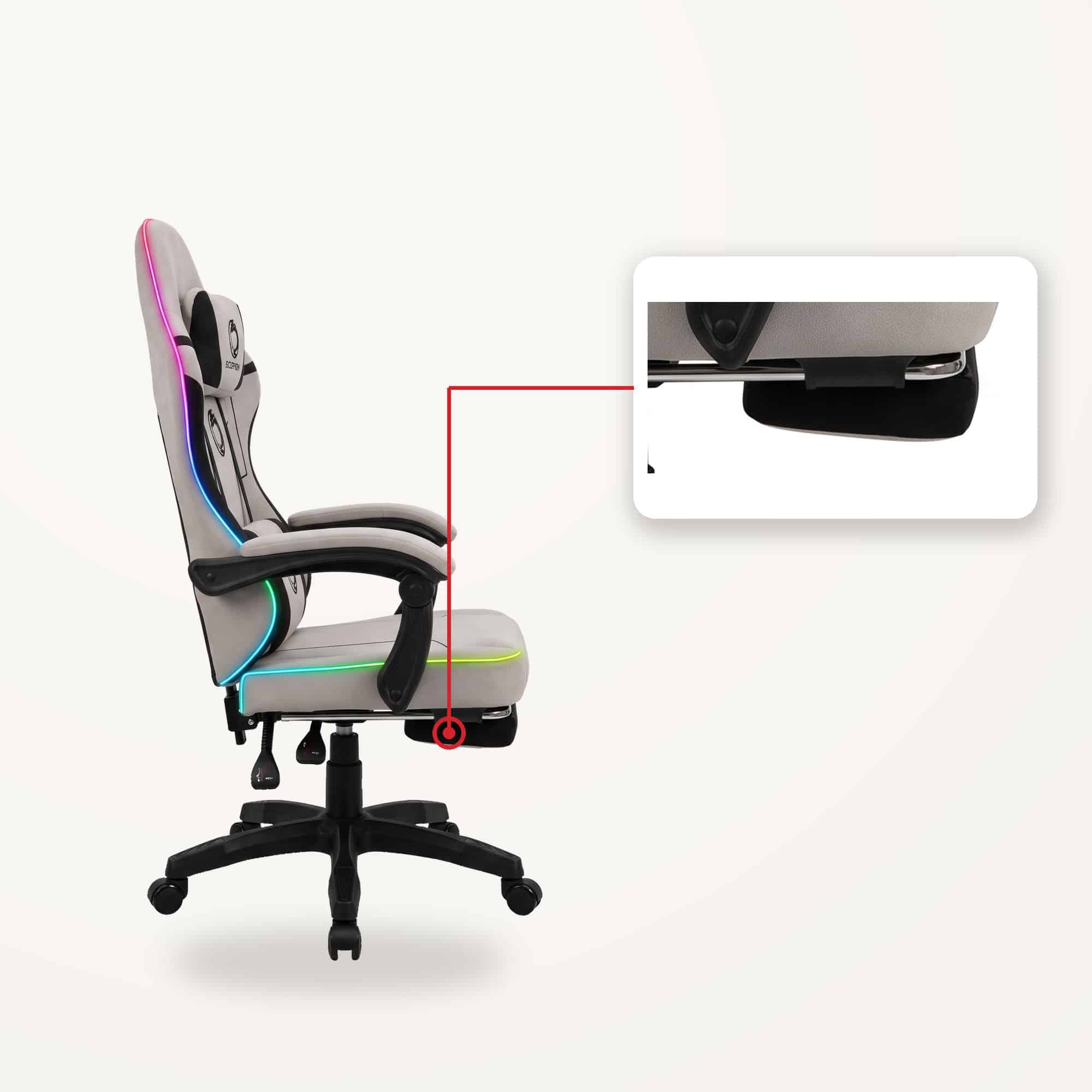 Oslonac za noge na hrom šinama ispod sedišta gejmerske stolice Oblivion Phantom svetlo siva RGB