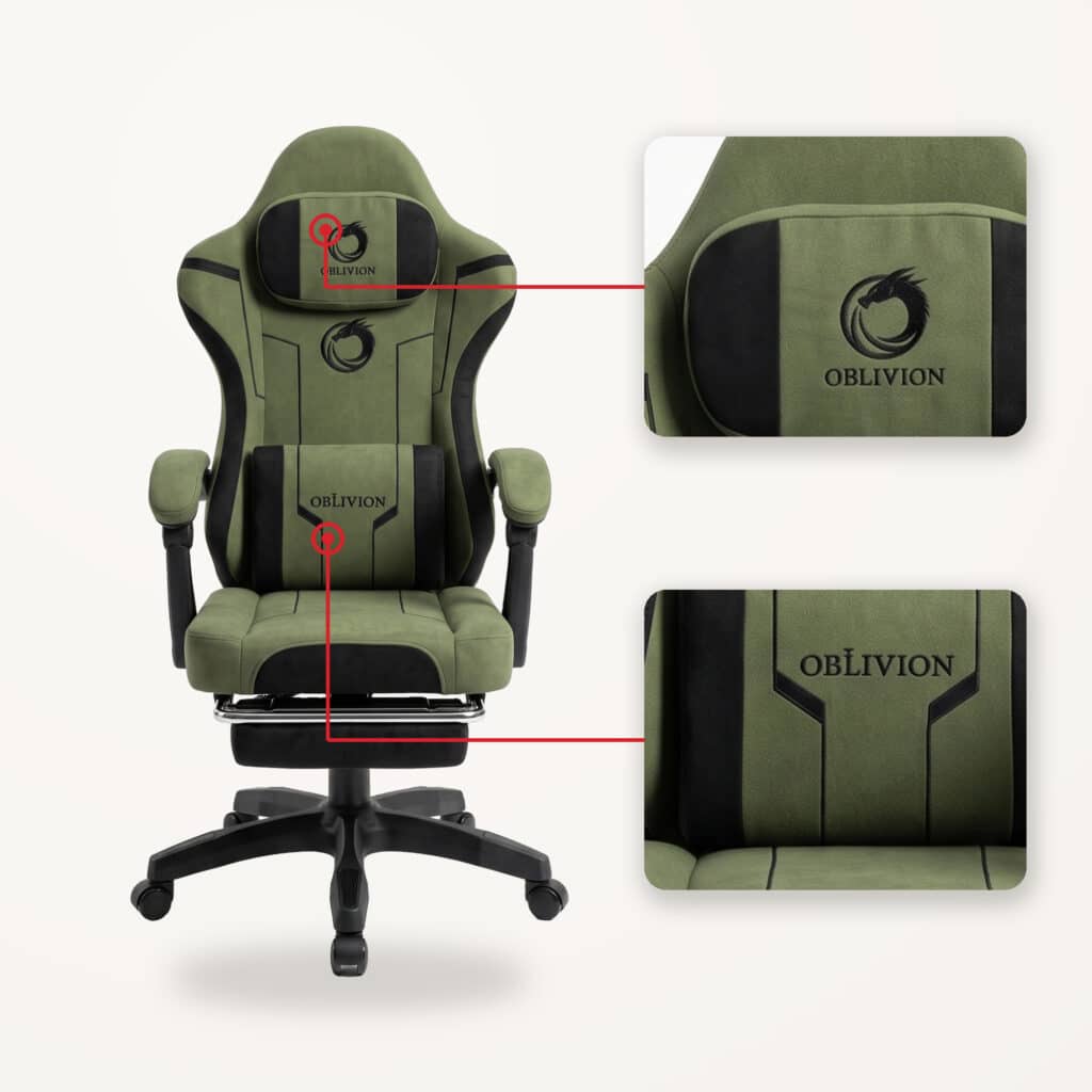 Vratni i lumbalni jastuk sa OBLIVION natpisom na gejmerskoj stolici Oblivion Phantom zelena