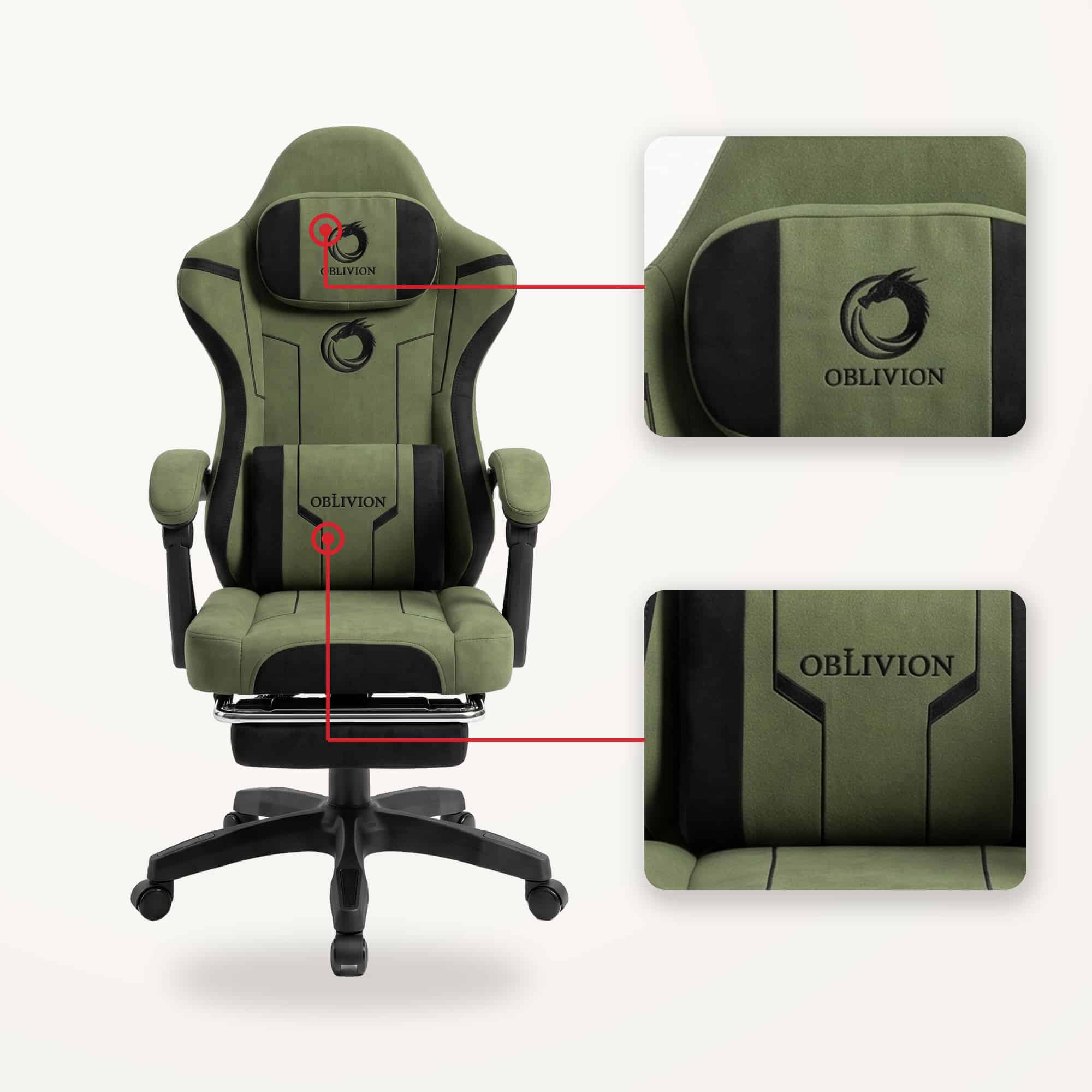 Vratni i lumbalni jastuk sa OBLIVION natpisom na gejmerskoj stolici Oblivion Phantom zelena