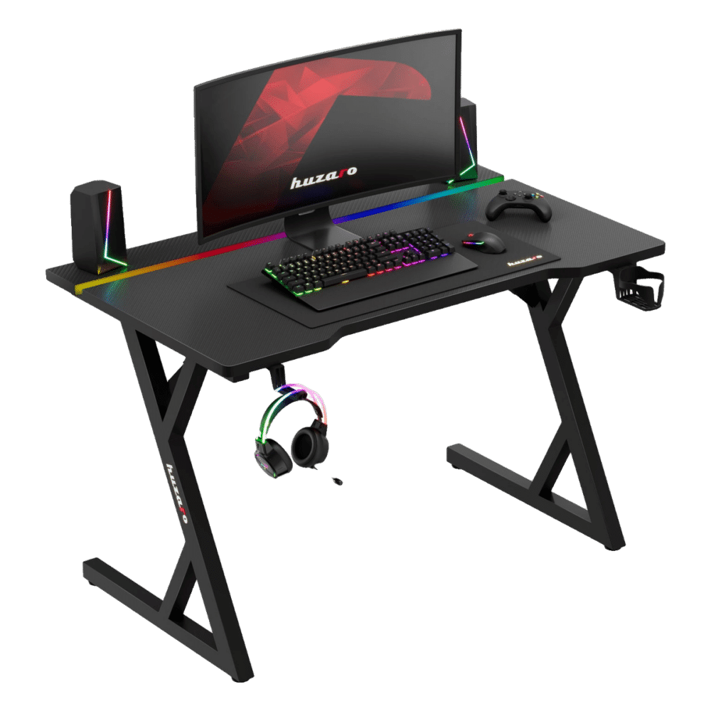 Gejmerski sto Huzaro Hero 2.4 RGB Black sa RGB trakom preko blata, monitorom i gejmerskom opremom