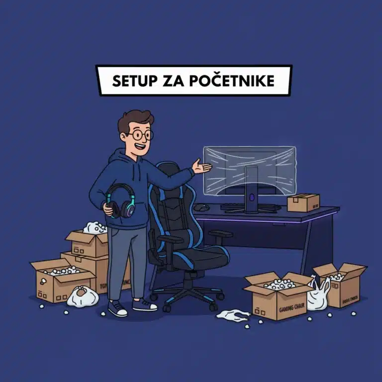 Gaming setup za početnike — raspakovana gejmerska stolica, monitor i slušalice