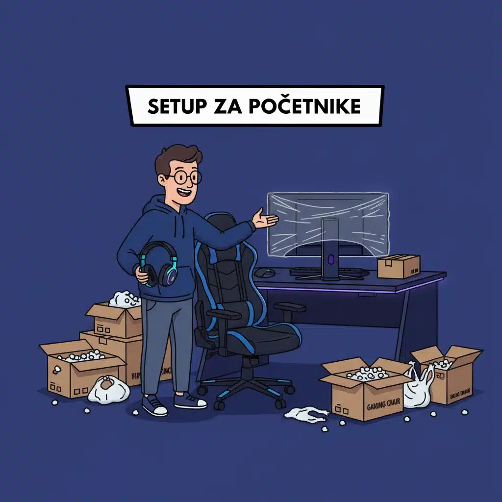 Gaming setup za početnike — raspakovana gejmerska stolica, monitor i slušalice