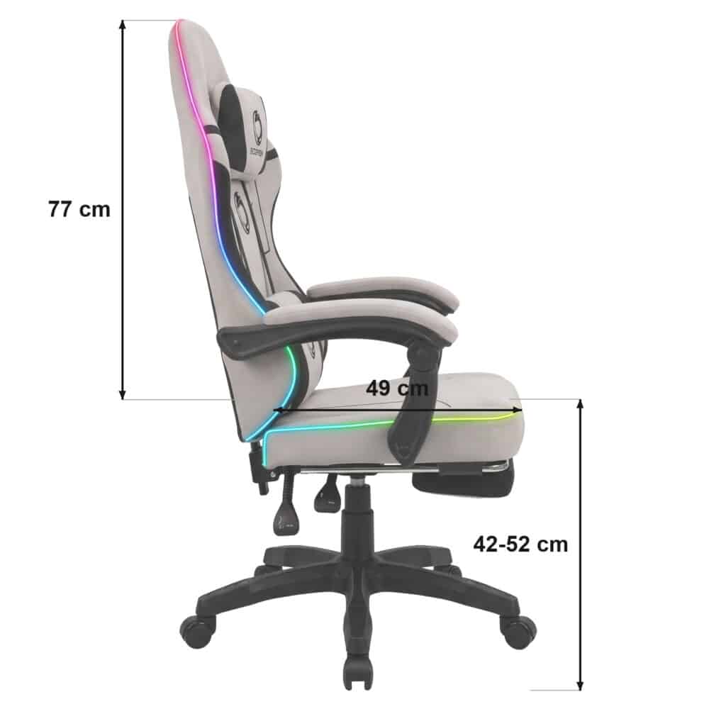 Dimenzije gejmerske stolice Oblivion Phantom RGB: visina naslona 77 cm, dubina sedišta 49 cm i visina sedišta 42 do 52 cm