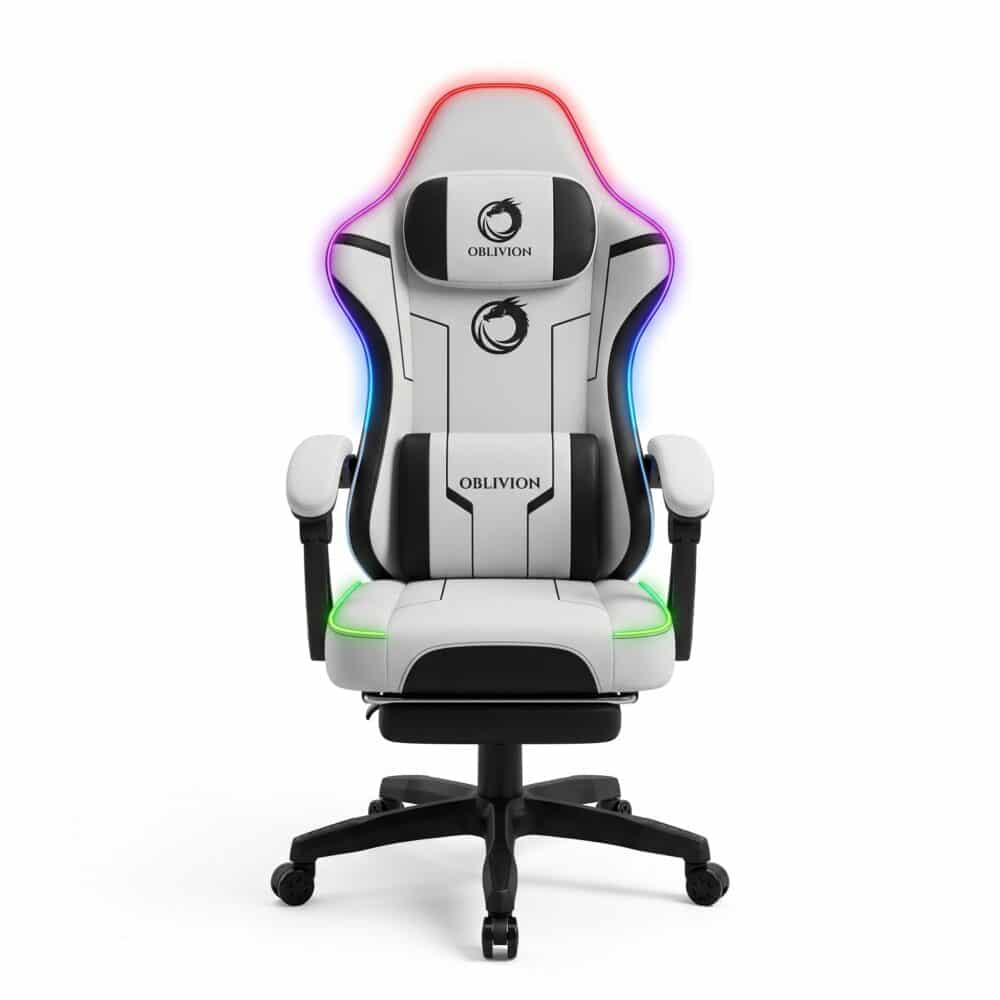 Gejmerska stolica Oblivion Phantom svetlo siva RGB, pogled spreda sa upaljenom LED trakom