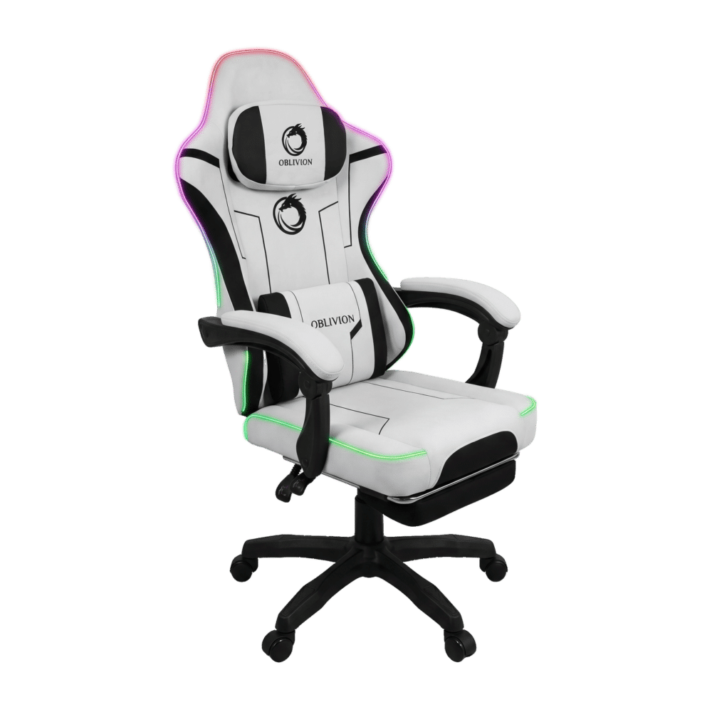 Gejmerska stolica Oblivion Phantom svetlo siva sa RGB LED trakom, pogled iz ugla