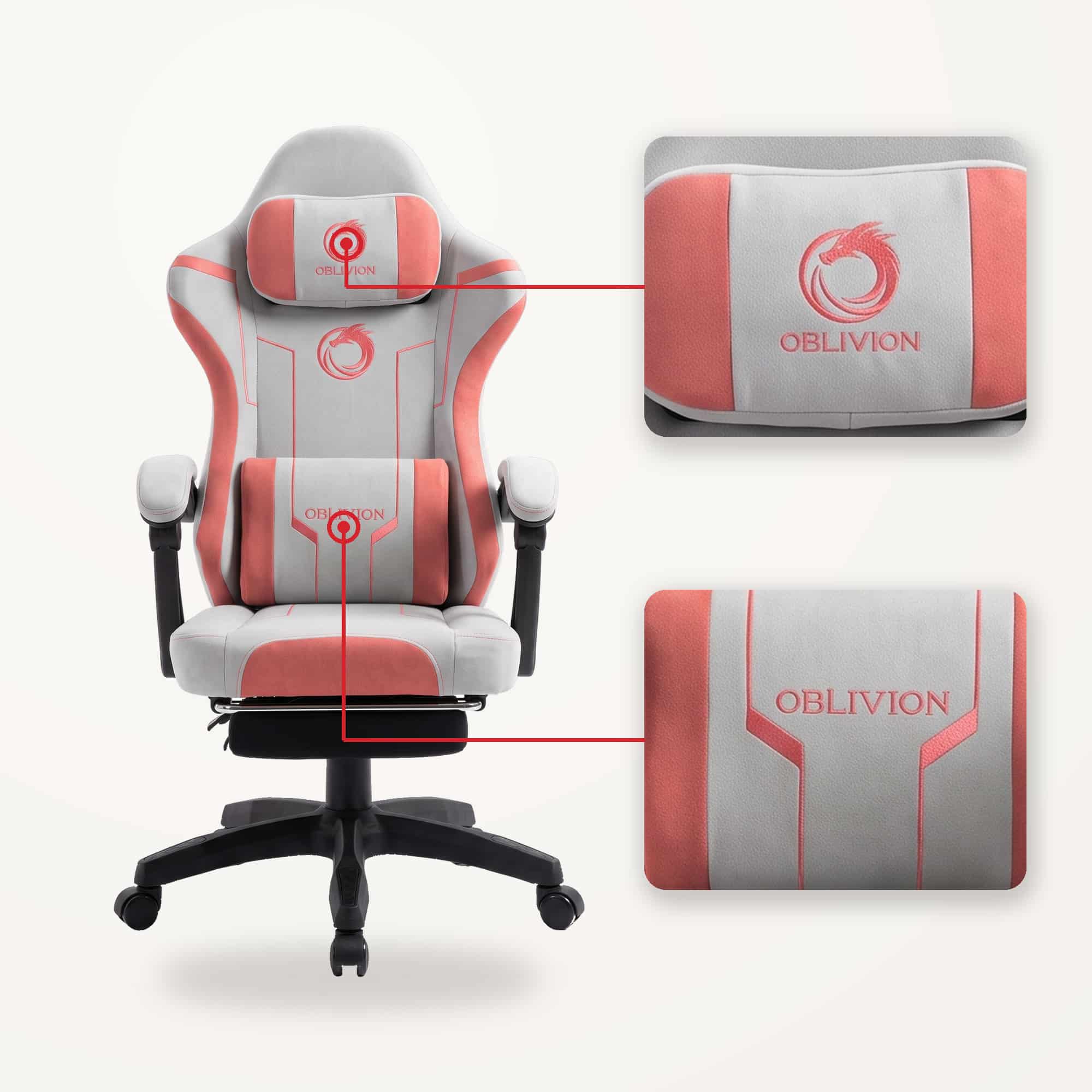 Vratni i lumbalni jastuk sa OBLIVION natpisom na gejmerskoj stolici Oblivion Phantom roze