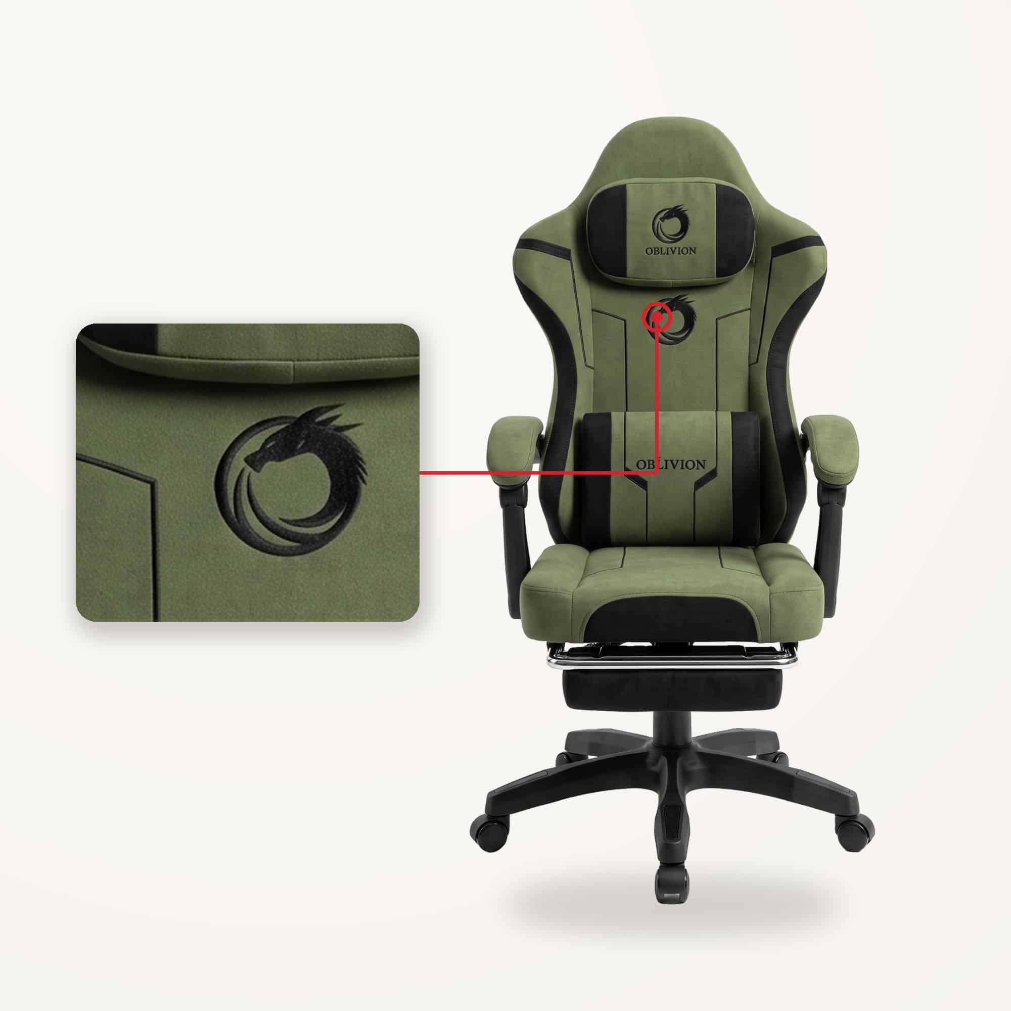 Detalj velur presvlake sa dragon amblemom na naslonu gejmerske stolice Oblivion Phantom zelena