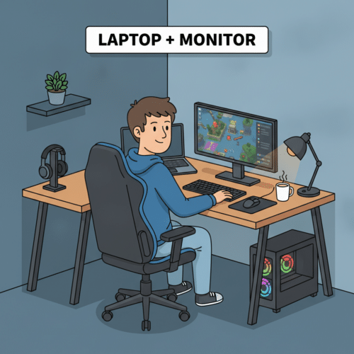 Gaming laptop sa eksternim monitorom na radnom stolu, ergonomski setup