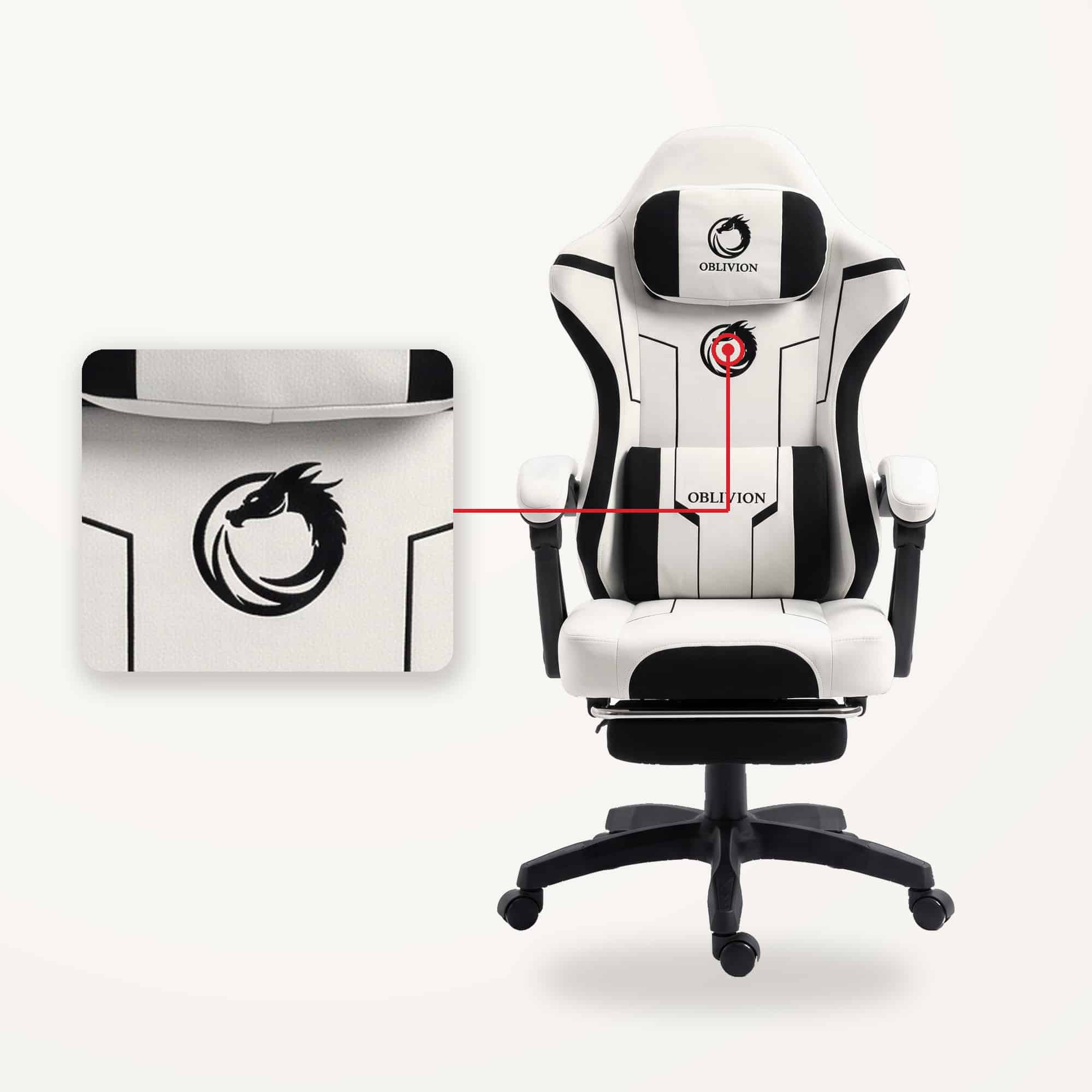 Detalj velur presvlake i izvezenog zmaja na naslonu gejmerske stolice Oblivion Phantom bela