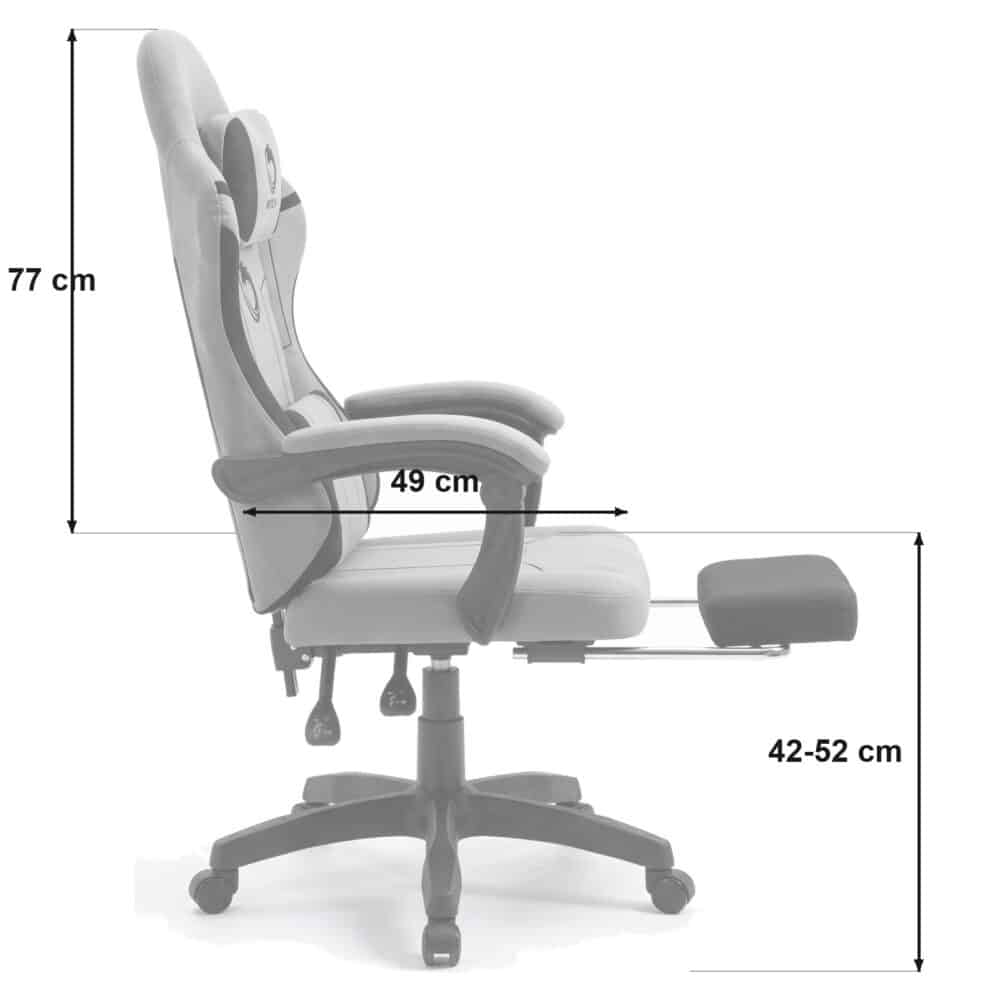 Dimenzije gejmerske stolice Oblivion Phantom: visina naslona 77 cm, dubina sedišta 49 cm i visina sedišta 42 do 52 cm