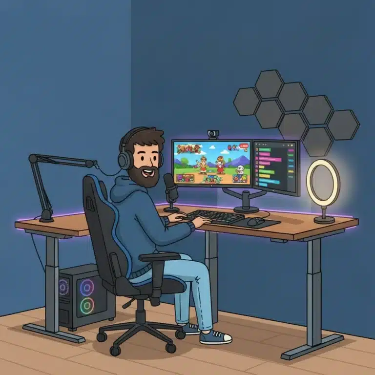 Streamer sa mikrofonom, ring svetlom i dual monitor setupom