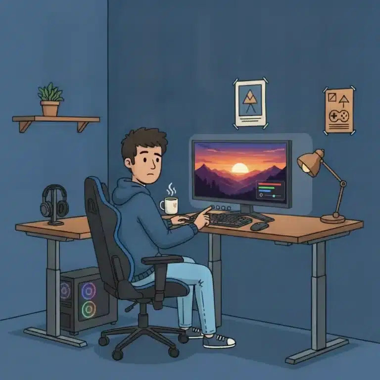 Gejmer podešava OSD meni gaming monitora — kalibracija osvetljenosti i boja