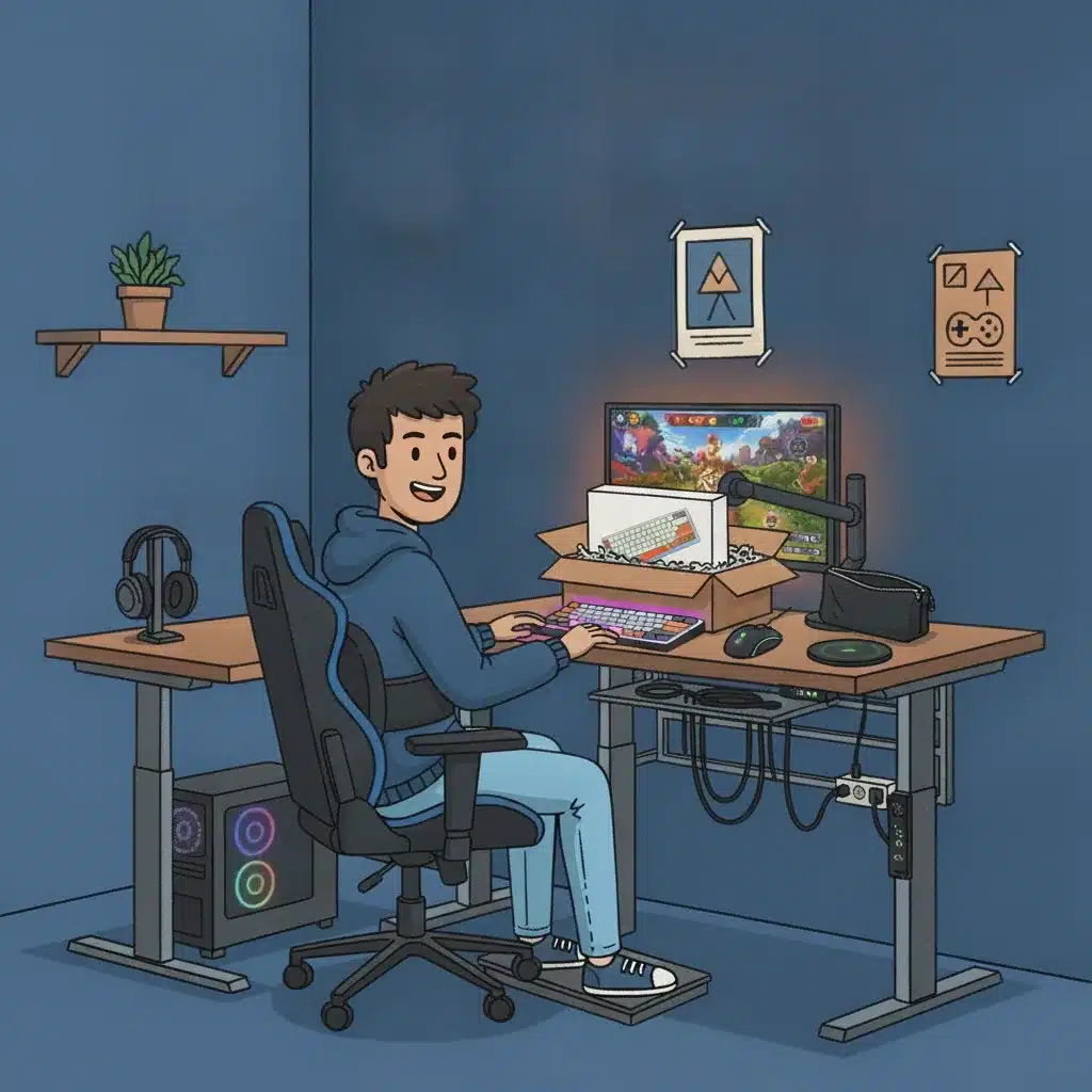 Gejmer za stolom raspakuje novu MCHOSE tastaturu i bežični miš